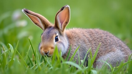 Fototapeta premium A close up of a brown rabbit sitting in green grass with its ears up and looking at the camera angle