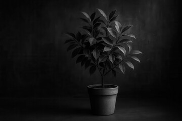 A solitary potted plant stands against a dark backdrop, its leaves reaching out in quiet contemplation
