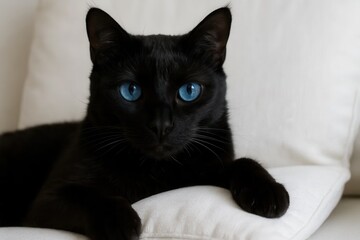 A serene black cat with striking blue eyes lounges on a white cushion, embodying tranquility and elegance