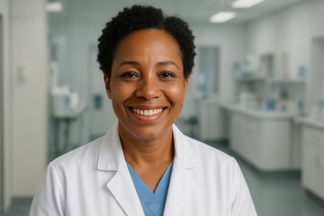 A joyful scientist in her lab, ready to tackle new challenges