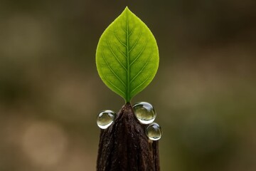 A lone leaf stands tall on a moss-covered branch, its dew-kissed surface reflecting the morning light