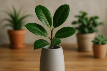 A serene indoor garden scene featuring a lush green plant with vibrant leaves, elegantly placed in a simple gray vase on a wooden table, surrounded by other potted plants in the background