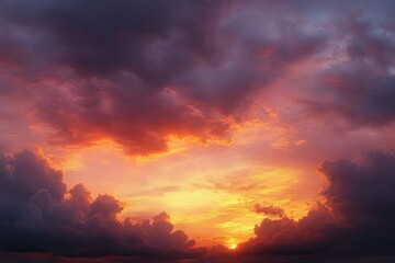Fototapeta premium Dramatic sunset with vibrant orange and yellow hues breaking through dark, thick clouds in a moody sky