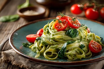 Plate of fettuccine pasta in a creamy green spinach sauce, topped with fresh cherry tomatoes and herbs, representing a delicious vegetarian meal for World Vegetarian Day.