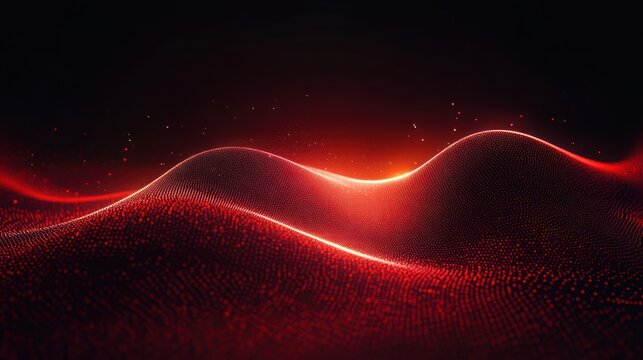Abstract glowing red wave made of illuminated digital particles on a dark background with a smooth flowing motion