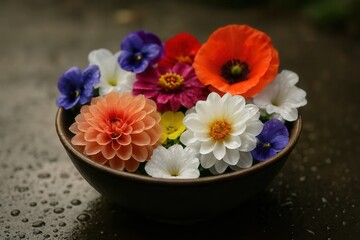 A vibrant bouquet of nature's palette in a simple black bowl, symbolizing beauty amidst simplicity