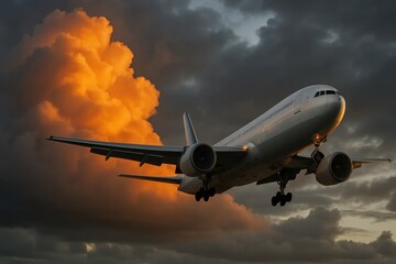 A Commercial Jet Soars Through a Spectacular Orange Sky at Sunset