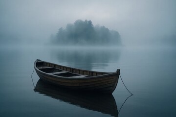 A solitary boat floats serenely on a foggy lake, its silhouette mirrored in the still waters