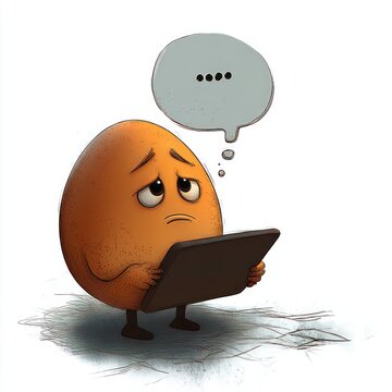sad and worried egg character holding a tablet with a speech bubble containing ellipsis, standing on cracked ground with a distressed expression