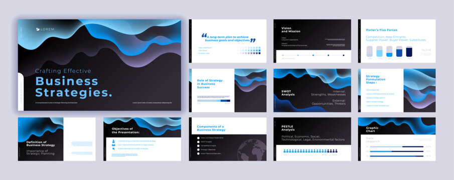 Abstract powerpoint presentation templates set, blue color identity presentation background, banner template, brochure, landing page, company profile, business design package set, vector illustration.