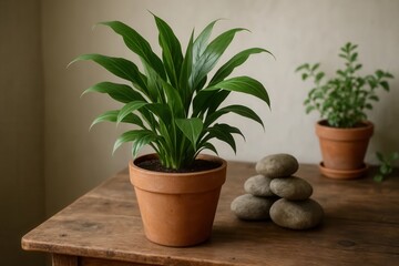 Fototapeta premium A serene tableau of a lush green houseplant nestled among earthy terracotta pots, accompanied by a neatly stacked collection of smooth stones, all set against the backdrop of a softly textured wall