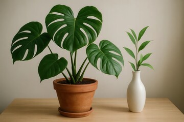 Fototapeta premium A Monstera Plant and Its Companion Vase on a Wooden Surface