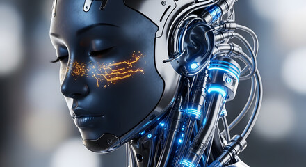 Fototapeta premium Close-up of a futuristic female android's face with glowing circuits. Concept of advanced robotics, artificial intelligence, and the human-machine interface.