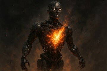 Fototapeta premium Amidst the fiery abyss, a mechanical sentinel stands resolute, its glowing core pulsating with an otherworldly energy