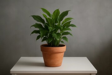 Fototapeta premium A lush green plant thrives in a rustic terracotta pot on a pristine white table, set against a subtly patterned gray backdrop