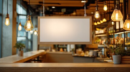 Blank Sign Hanging in Restaurant with Counter and Lighting