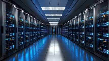 Long aisle in a modern data center filled with rows of server racks illuminated by blue and orange LED lights in a clean, high-tech environment