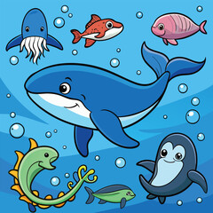 Obraz premium Charming Ocean Creatures: Colorful Underwater Illustration