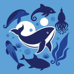 Fototapeta premium Ocean Life: Whales, Dolphins, and Squid Illustration