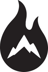 Silhouette of flame with mountain shape inside, symbolizing campfire, adventure, travel, and outdoor warmth.
