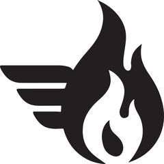 Silhouette of flame with wing design symbolizing speed, motion, racing, fast delivery, and rapid performance.