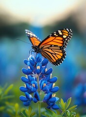 Fototapeta premium Vibrant orange and black butterfly perched delicately on a cluster of bright blue flowers with green foliage and a soft blurred background