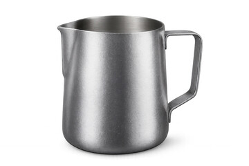Metal milk frothing pitcher jug isolated on transparent background, perfect for baristas making latte art