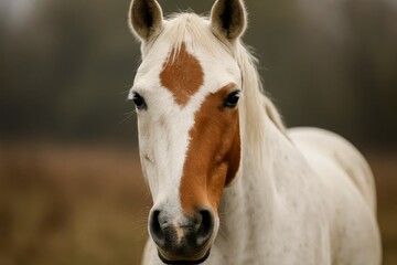 Obraz premium A moment of tranquility captured in the eyes of a white horse with a striking brown spot