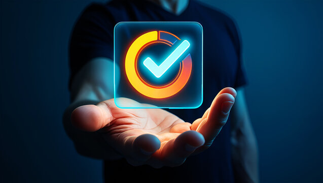 Glowing checkmark progress circle held in hand technology