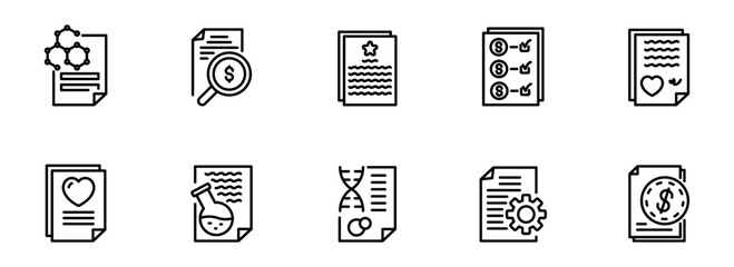 Ten Clean Line Icons: Documents, Finance, Science, and More;  Modern, Minimalist Style;  Versatile, Professional Mood.