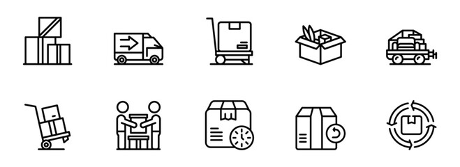 Modern Line Icons:  Shipping, Delivery, Logistics, and Package Handling;  Efficient Workflow and Supply Chain Management Illustrations.