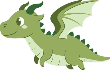 A playful cartoon illustration of a cute, friendly green dragon with horns and wings, against a clean white background. This is suitable for themes of fantasy, mythology, and adventure.