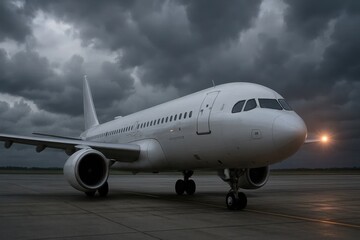 Obraz premium Under a stormy sky, a solitary white airplane stands ready for takeoff