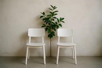 Two White Chairs Standing in Silent Contemplation Beside a Lush Green Plant