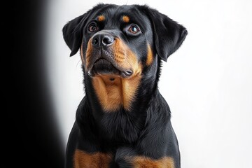 Obraz premium Alert and attentive black and brown large dog sitting against a gradient white and black background, showing calm and focused expression