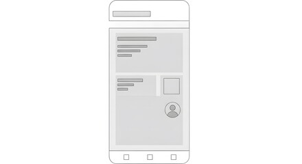A minimalist wireframe of a mobile application user interface layout on a smartphone screen. UI/UX design prototype concept.