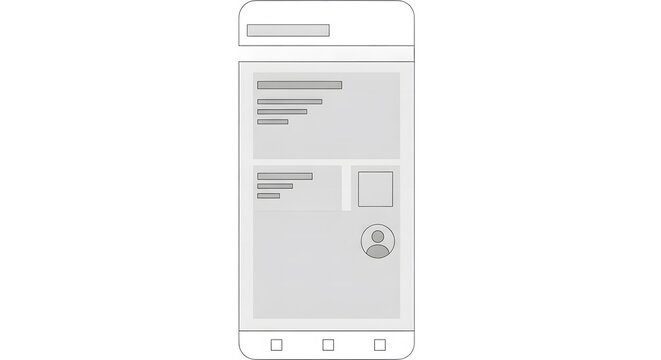 A minimalist wireframe of a mobile application user interface layout on a smartphone screen. UI/UX design prototype concept.
