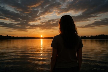 Fototapeta premium A Lone Woman Enjoys a Tranquil Sunset Over the Lake