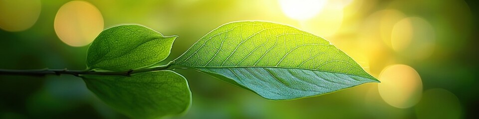 Fototapeta premium Close-up of green leaves on a branch illuminated by warm golden sunlight with a blurred natural background creating a peaceful and fresh atmosphere