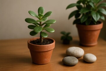 Obraz premium A serene scene of a succulent plant thriving in its own pot, accompanied by a collection of smooth stones that add to the calming ambiance