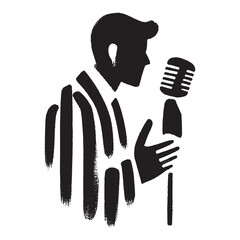 Retro jazz crooner with striped suit and microphone, black ink brush, vector illustration