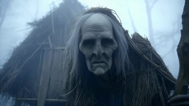 Baba Yaga legend: forest witch, powerful magic, ancient wisdom, magical hut, folklore icon, mystical creatures, Slavic myth, dark power, terrifying presence, mysterious protector