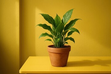 Obraz premium A single potted plant stands out against a vibrant yellow backdrop, symbolizing growth and vitality in a minimalist setting