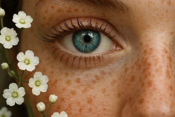 Close-up of a serene blue eye with delicate eyelashes adorned by white flowers, highlighting the beauty of nature within human beauty