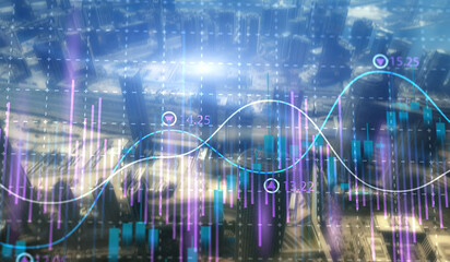 Stock market business concept. Financial graphs and digital indicators with modern city background