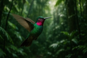 Obraz premium A vibrant green hummingbird with pink accents gracefully soars through a lush forest, its wings spread wide in mid-flight