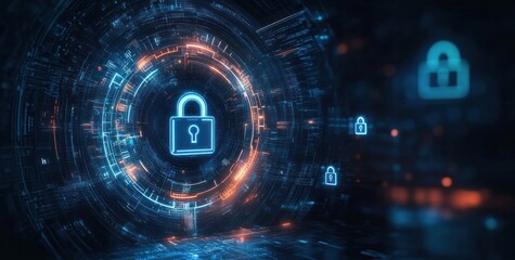 Digital glowing lock icons surrounded by concentric circular neon blue and orange circuitry patterns representing cybersecurity and data protection