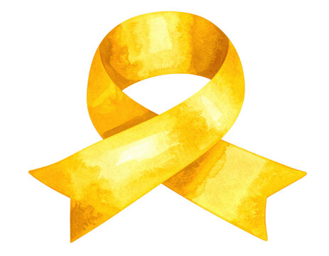 Golden yellow awareness ribbon illustration with a handpainted watercolor style and notched ends.