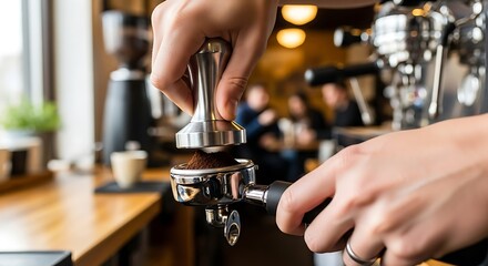 Naklejka premium Barista tamping espresso grounds in a coffee shop