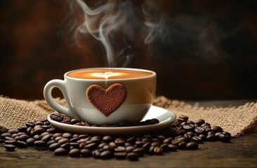 Steaming hot coffee cup with a heart-shaped cocoa decoration on the side, surrounded by coffee beans on a rustic wooden surface, warm and inviting atmosphere